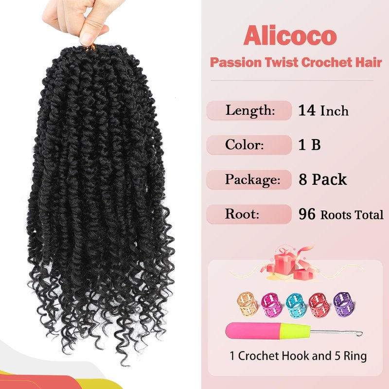 Alicoco Passion Twist Crochet Hair 14 Inch Passion Twist Hair Pre Looped 8 Packs Spring Twist Crochet Braids with Curly Ends Pre-Twisted Crochet Hair for Women (1B/30)