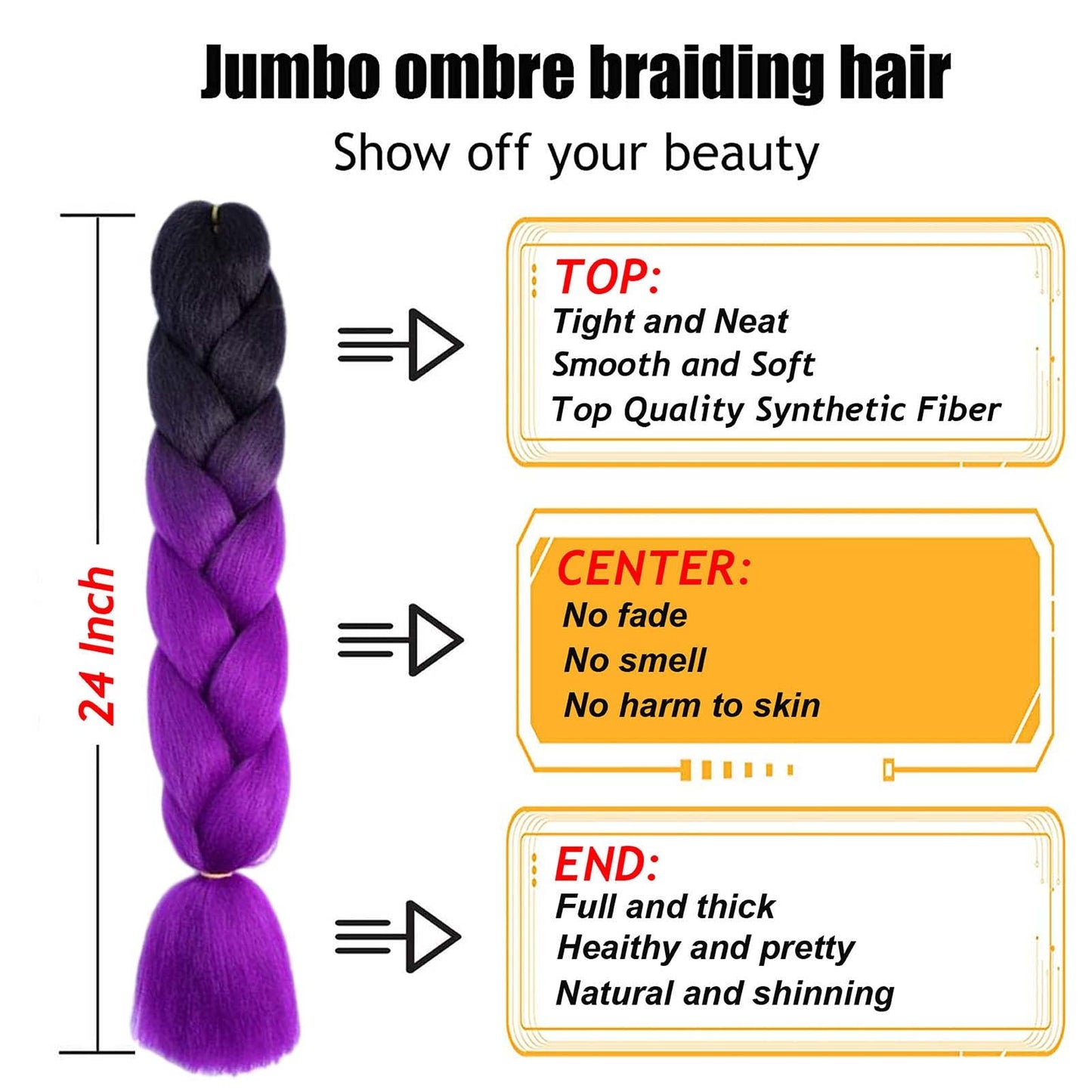 TENGSHUO FLY Rainbow Braiding Hair Extensions 6 Packs/24 Inch Synthetic Jumbo Ombre Box Braiding Hair for Women(in Black, Yellow, Orange, Green, Red, Purple, Blue) (24" 6 Pack)