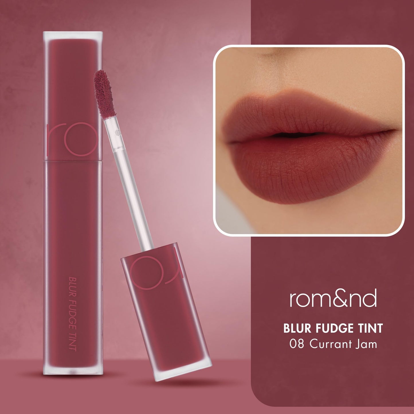 rom&nd BLUR FUDGE TINT 08 Currant Jam | Velvety Matte Lip Stain | Smooth, Non-Drying Berry Red K-Beauty Lip Makeup