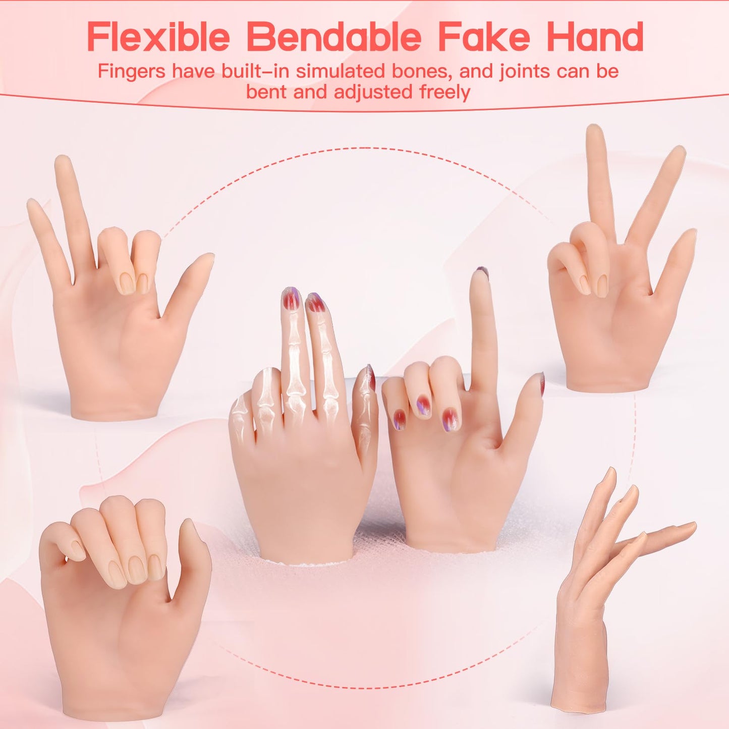 Vnmcry Practice Hand for Acrylic Nails Silicone Fake Hands Mannequin Flexible Bendable Manicure Nail Practice Hand with Stand and 528 Pcs Nail Tips