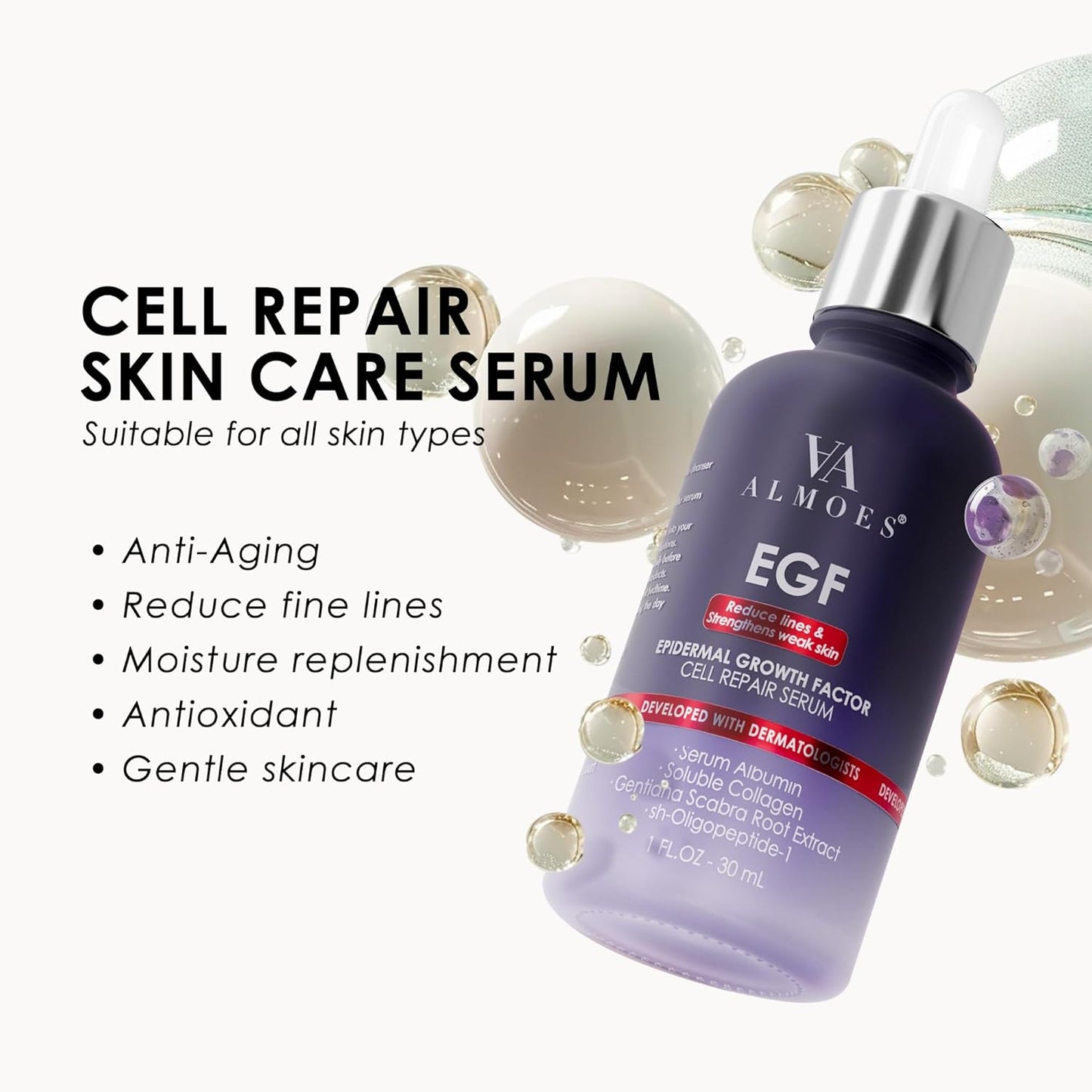 ALMOES Growth Factor Serum - Deep Moisturizing Antioxidant Face Serum for All Skin Types | 30 ML