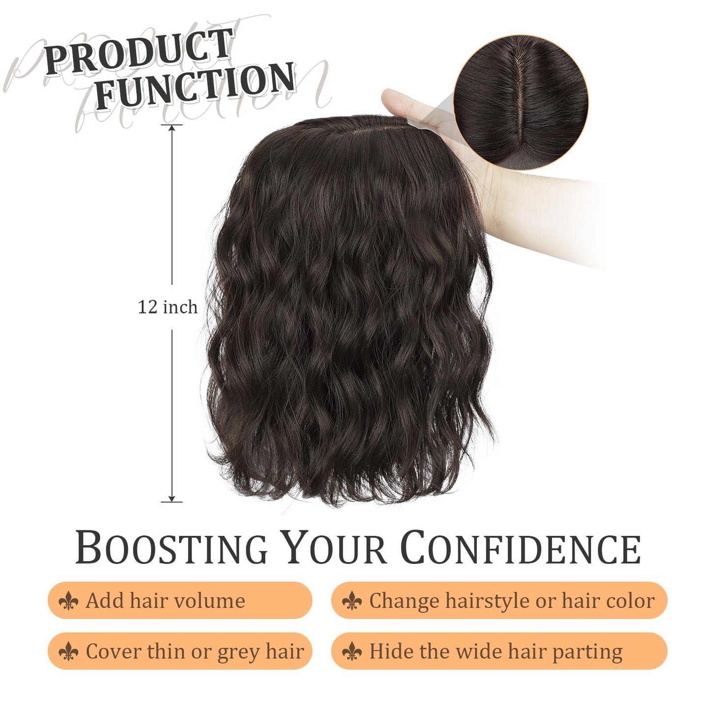 Lommel Short Wavy Hair Toppers for Women 12 Inch Hair Topper with Thinning Hairs Natural-Looking Wiglett Lightweight & Add Volume Hairpiece for White Roots Cover for Daily(Dark Brown)