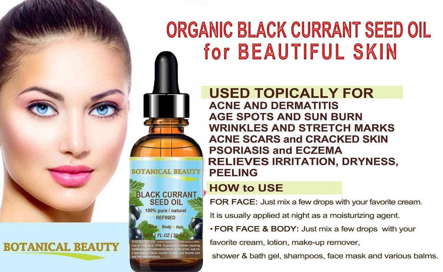 Botanical Beauty BLACK CURRANT SEED OIL 100% Pure Natural Undiluted Refined Cold Pressed Carrier Oil for Skin, Hair, Lip and Nail Care (1 Fl Oz)