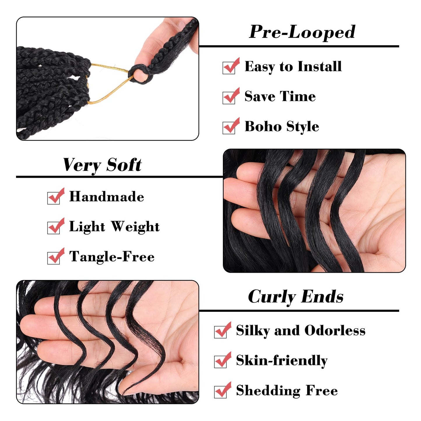 Leeven 18 Inch Pre Looped Ocean Wave Crochet Hair 8 Packs Black Long Curly Crochet Hair Boho Ocean Braids Pre Twisted Synthetic Deep Wavy Crochet Braids for Women