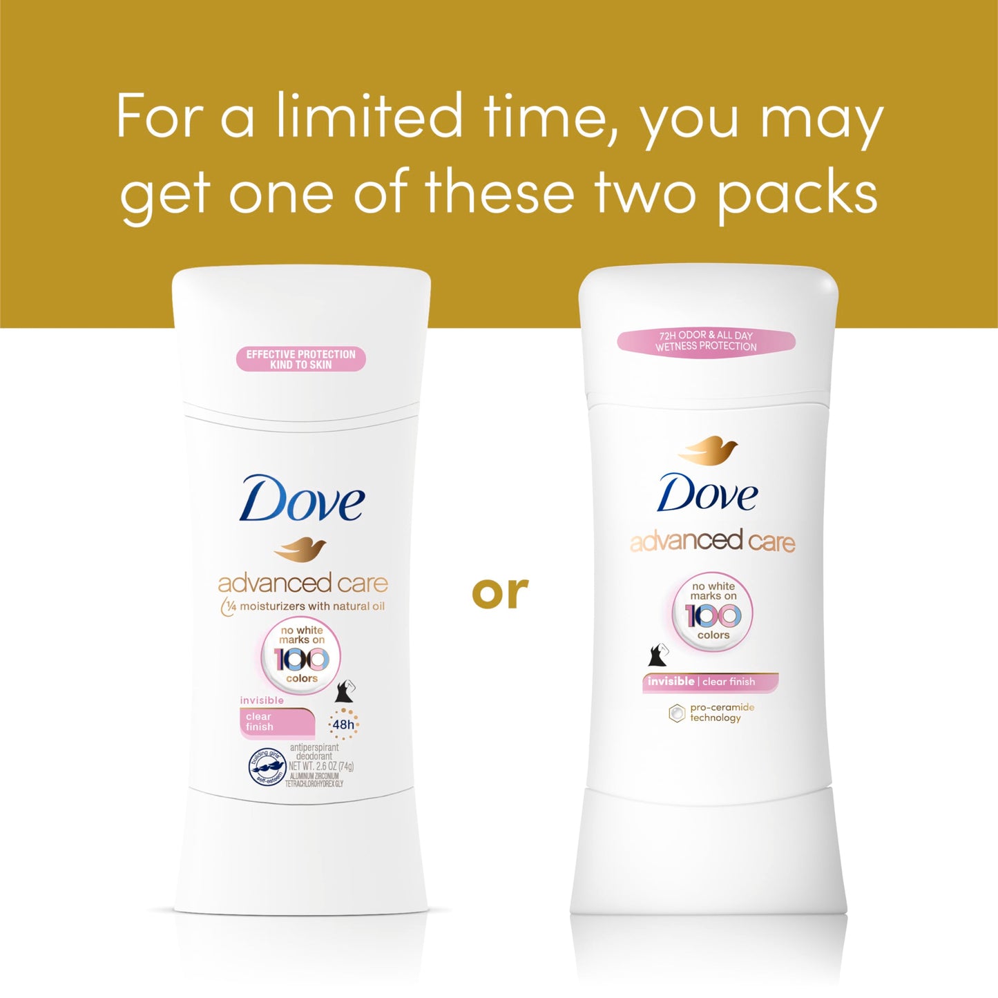 Dove Advanced Care Antiperspirant Deodorant Stick Clear Finish 4 Count deodorant that doesn’t stain clothes 72-hour odor control and all-day sweat protection with Pro-Ceramide Technology 2.6 oz