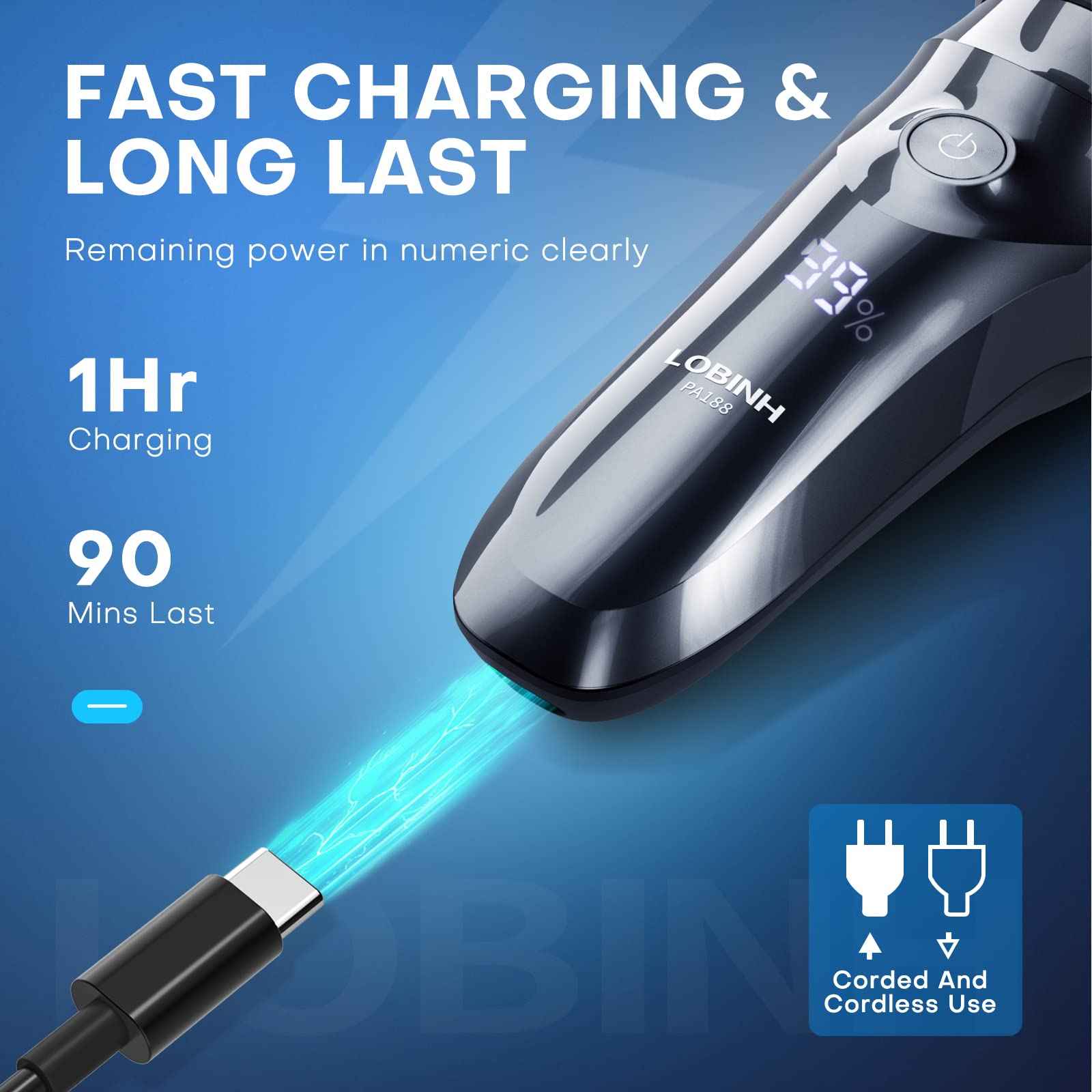 LOBINH Electric Shaver for Men, 100% Washable Rechargeable Waterproof Electric Razor Wet & Dry Shaving with Pop-up Trimmer, 1 Hour Fast Charging, 4D Floating Head, LCD Power Indicator