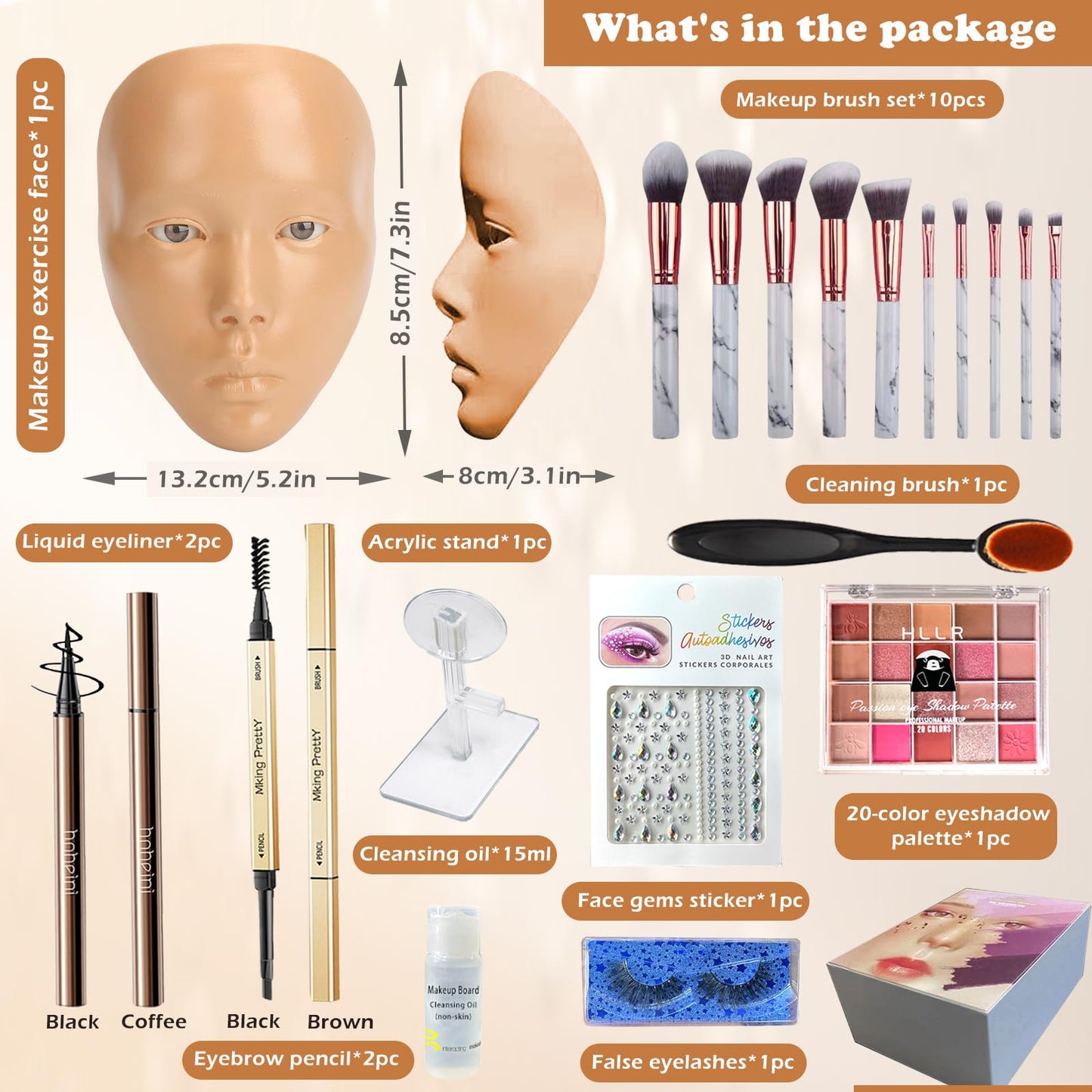 Penugo Makeup Mannequin Face Kit, Silicone Face for Makeup Practice Full Face for Must Haves, Mannequin Eye Face for Makeup Practice with Makeup Brushes Set & Eye Shadow & Eyebrow Pencil(Wheat)