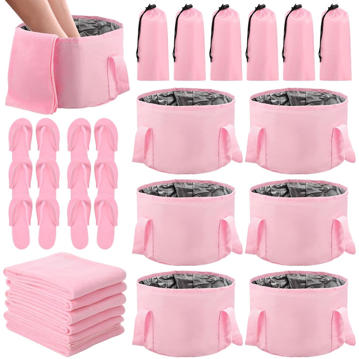 FillTouch Pink Foldable Foot Bath Kit - 15L Soaking Tub, Collapsible Towels & Slippers for Spa Parties | Portable Pedicure Set