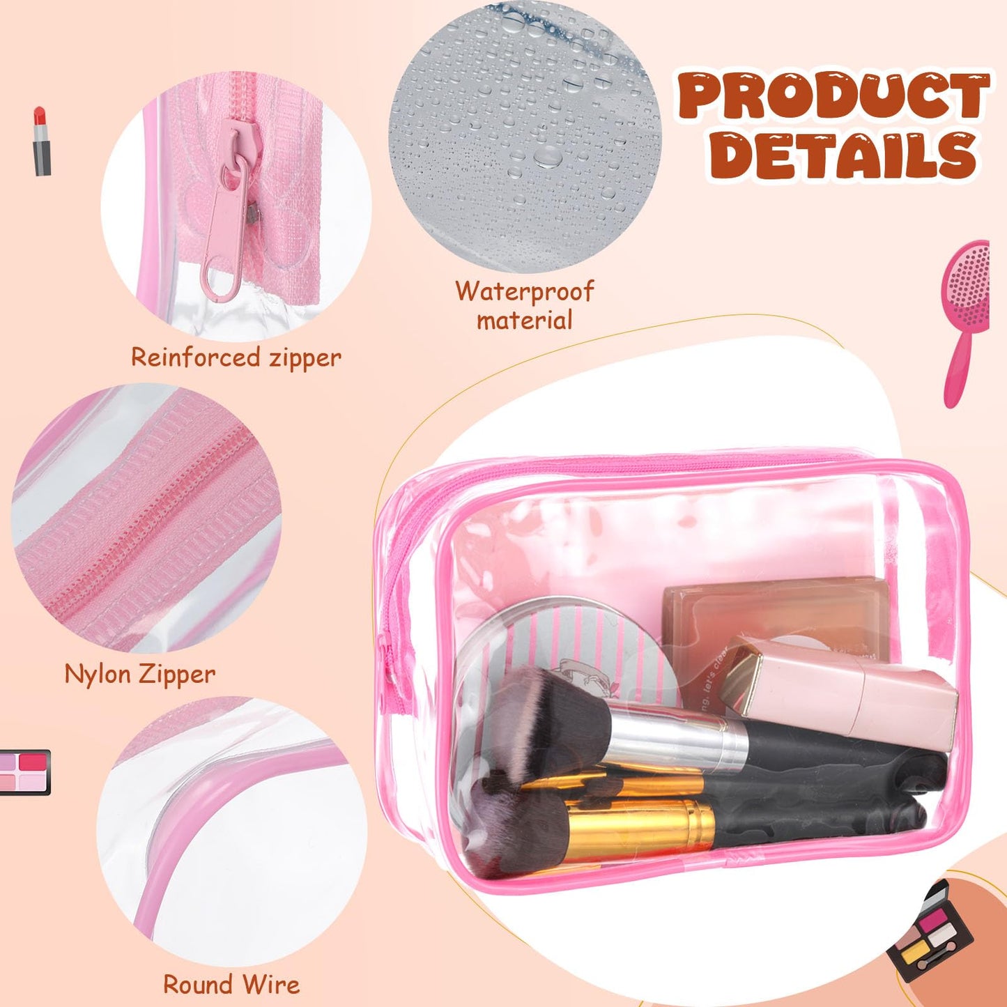 SilTriangle 24 Pack Clear Makeup Bags Bulk Cosmetic Storage Bag Waterproof PVC Pouch with Zipper for Travel Organizer Plastic Toiletries Case for Women Traveling Bathroom, 7"x 4.7"x 2.4" (Pink)