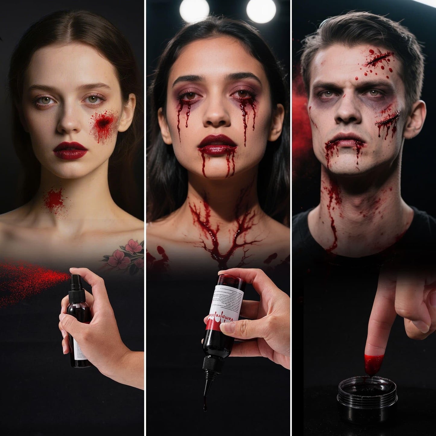 Halloween Fake Blood Kit 3PCS, Blood Spray, Gel Blood & Dripping Blood
