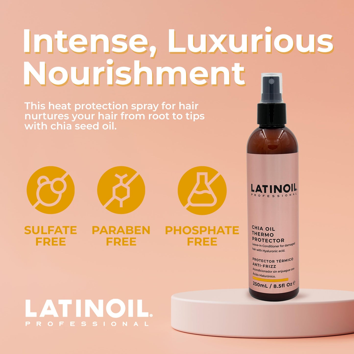 Latinoil - Chia Hair Heat Protectant Spray, Oil for Hair Frizz, Hair Oil Treatment, Leave in Conditioner for Dry Damaged Hair with Chia Seed Oil, Amino acids & Omegas, 250 ml