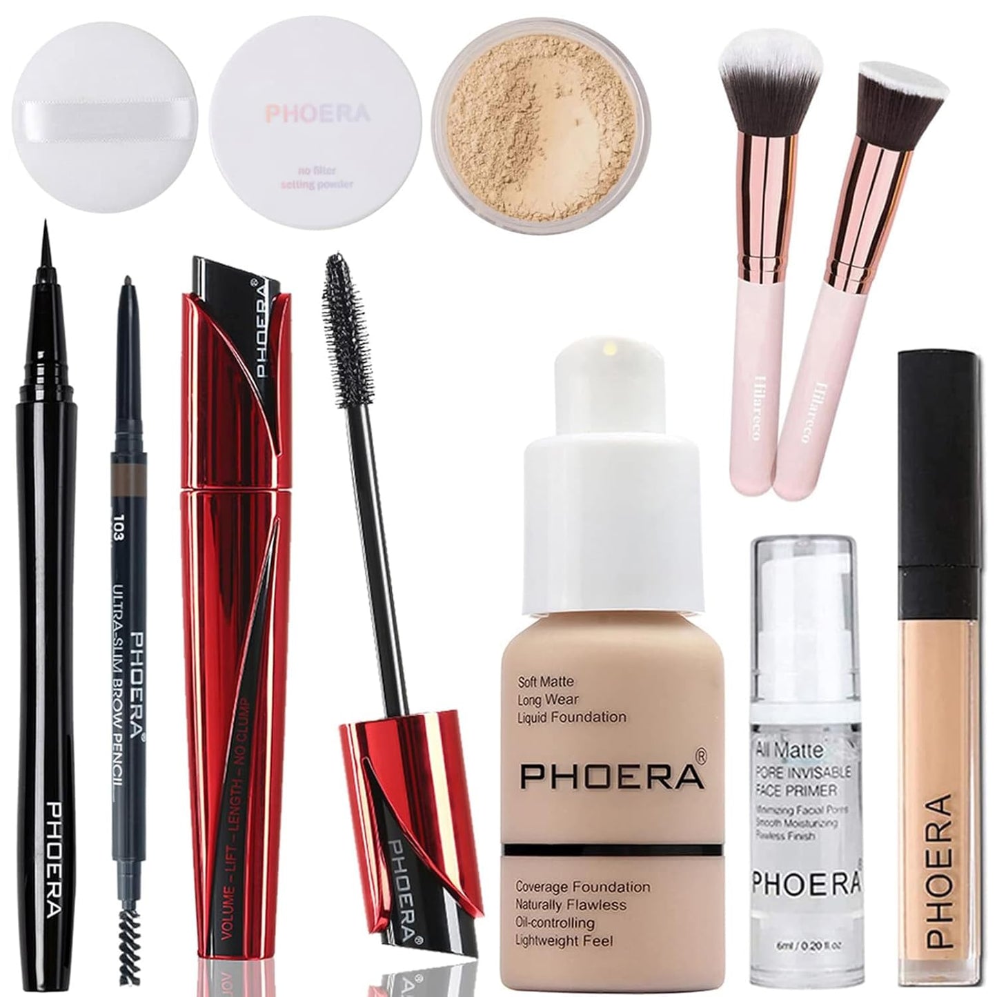 PHOERA Foundation - Full Coverage Makeup with 9D Mascara & Kabuki Brushes | Primer, Powder, Concealer Set
