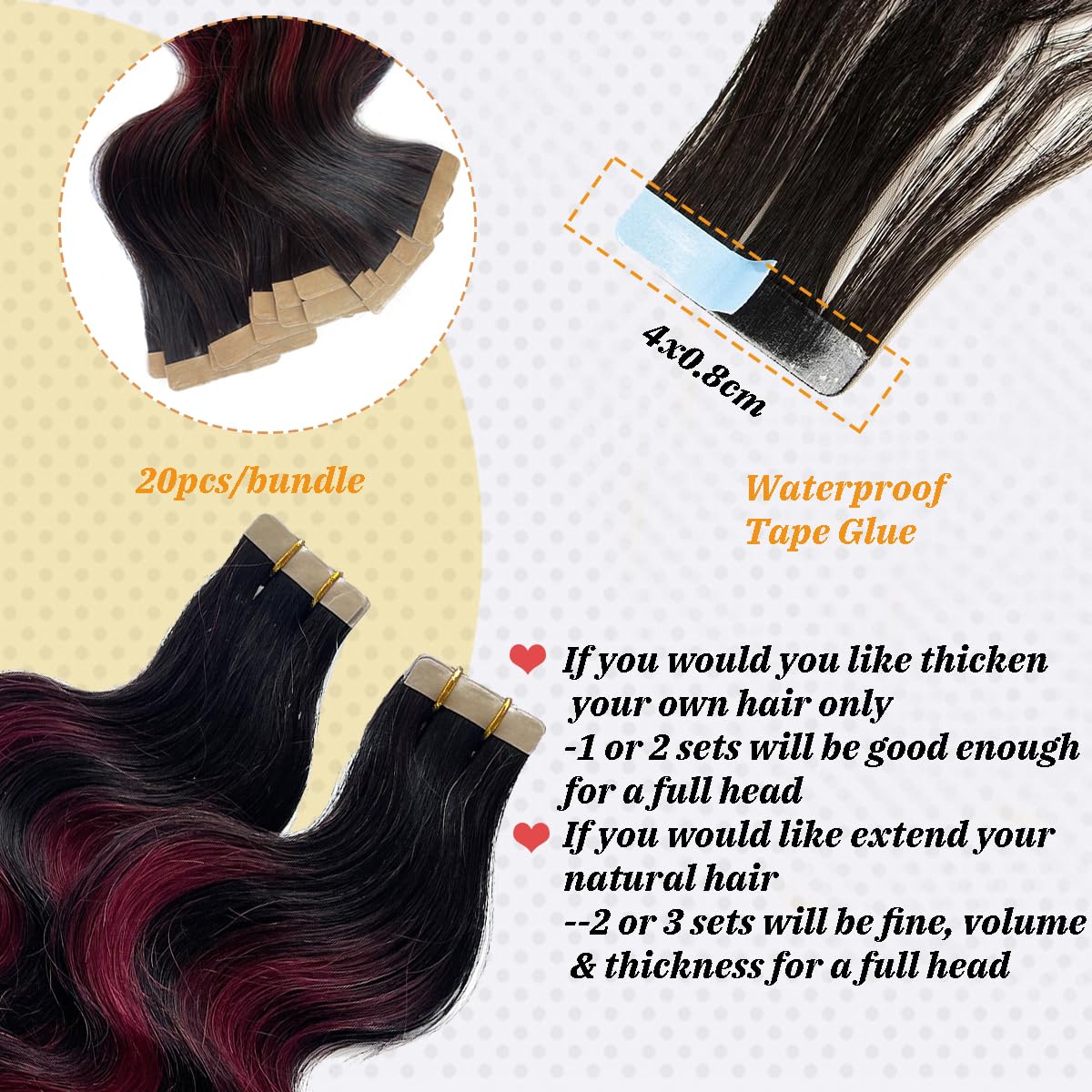 Ombre Body Wave Tape in Hair Extensions - Black to Wine Red Human Hair Balayage for Women - Burgundy Wavy Real Hair Extensions 20pcs 50g