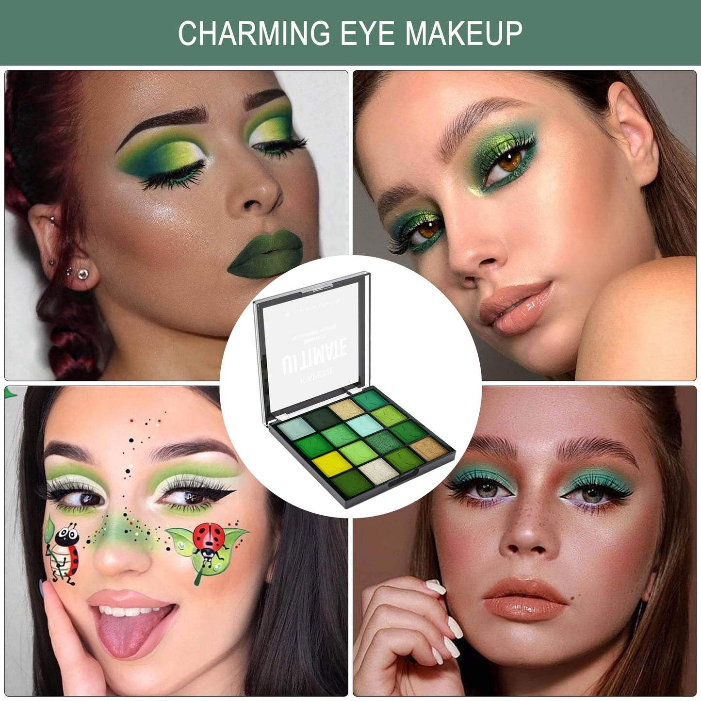 K'APEINE Green Eyeshadow Palette, Matte Glitter Eye Shadow Palette Pigmented Eye Makeup Palette 16 Colors Goth Eyeshade Kit for Rave Parties, Music Festival, Performance, Costume and Halloween
