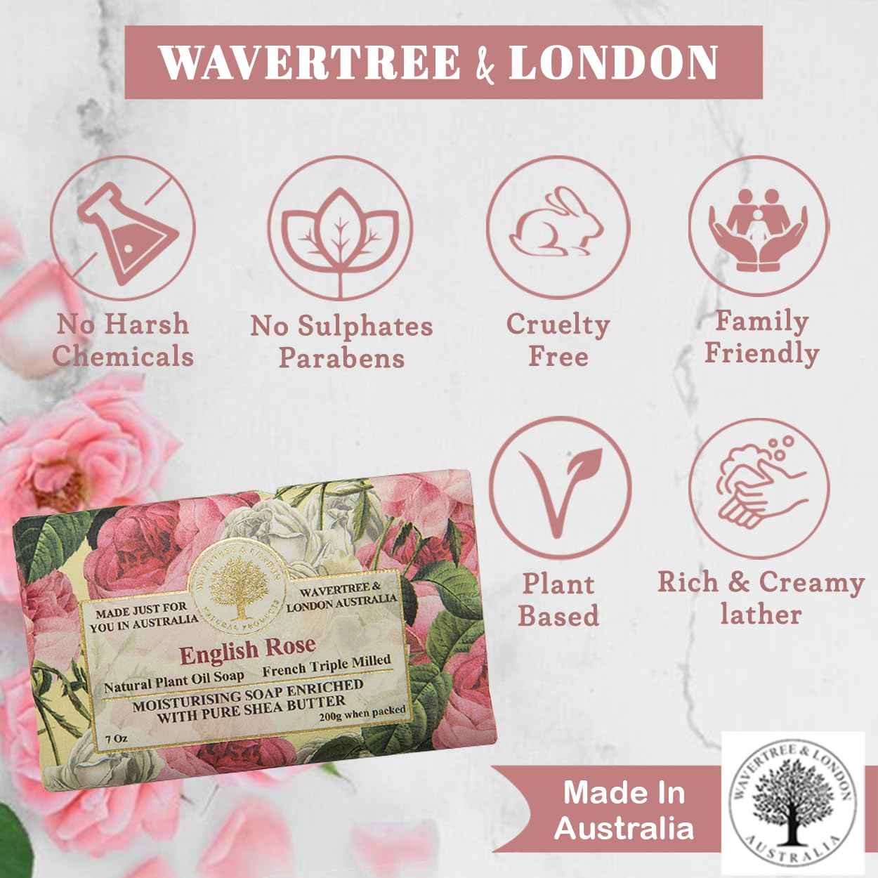 Wavertree & London English Rose Scented Natural Soap Bars for Women & Men (2 x 7oz) – Moisturizing Triple-Milled Soap Bars Enriched with Shea Butter – Plant-Based Bath & Body Bar for All Skin Types