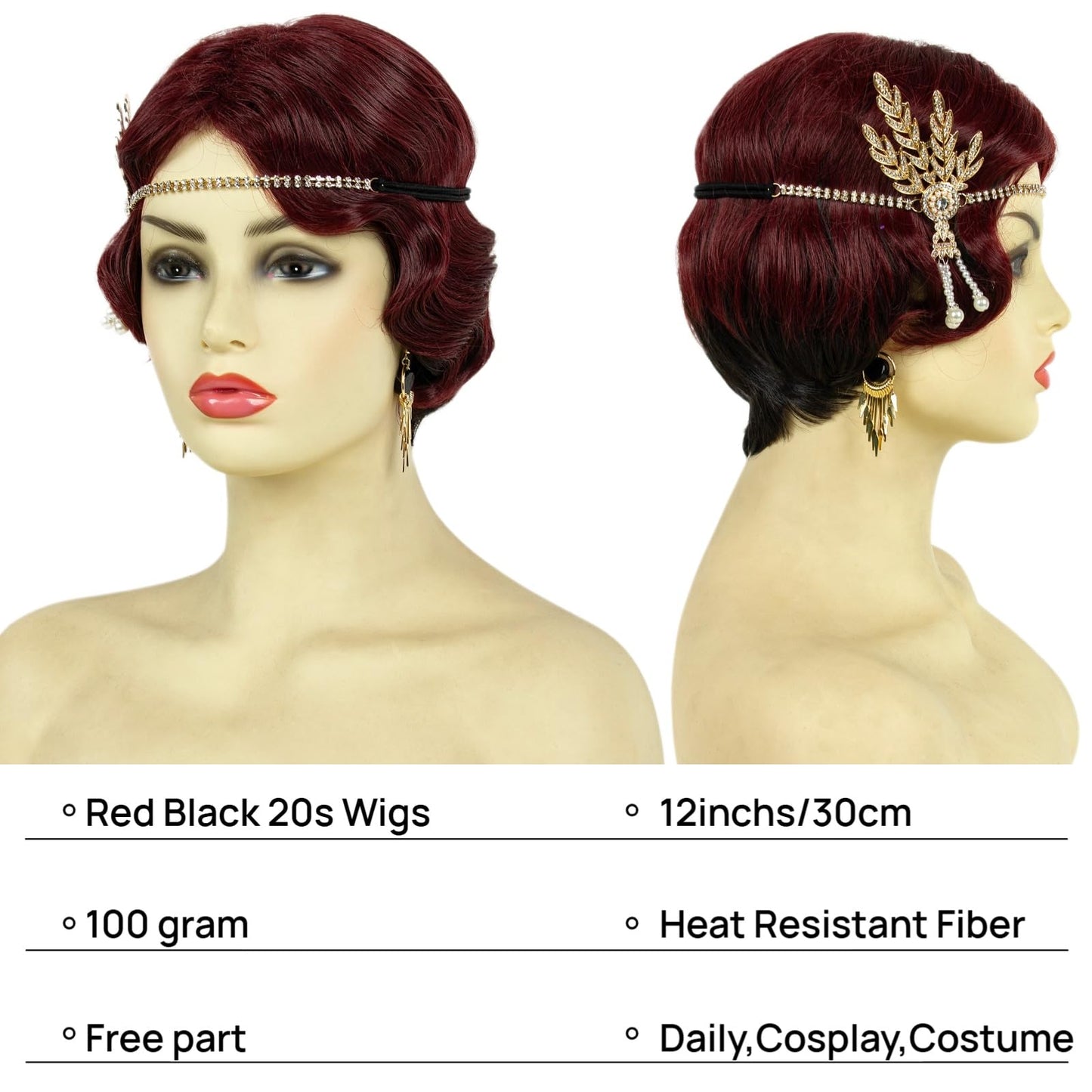 STfantasy 20S Finger Wave Wig Flapper Curly Synthetic Hair for Women 1920s Cosplay Costume Halloween Party Daily Everyday Wear (Black+Red)
