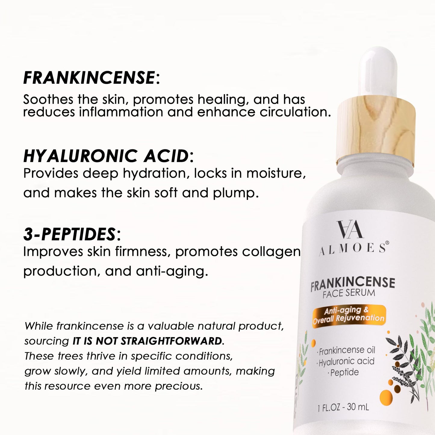 ALMOES Frankincense Face Serums,Women Face Serum for Soothing and Calming Skin,Improve Skin Tone,Firming Skin,Hyaluronic Acid Face Serum,Moisturising Serums Suitable for All Skin Types,30 ML
