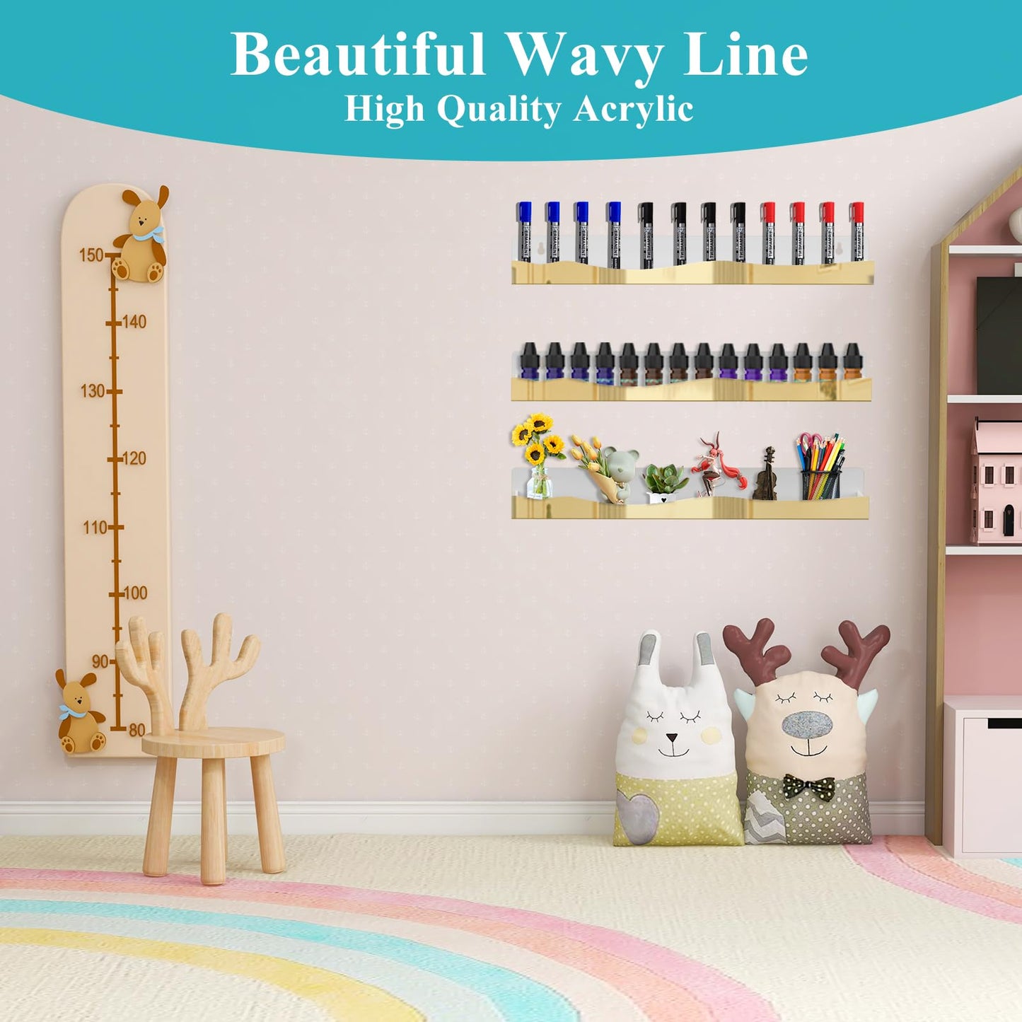 SOVQUEST 6 Pack Nail Polish Wall Rack Mirror Gold Acrylic Wall Mount Ledges with Stopper 15 Inch Kids Bookshelf Tattoo Ink Essential Oils Figurine Display Shelves Spice Rack for Salons Retailers Home