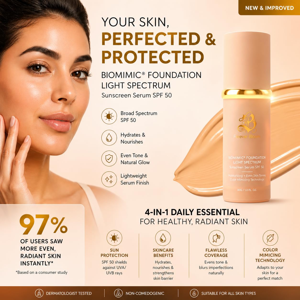 Forever Bloom Bio Mimic Foundation Light Spectrum SPF50 hydrates, conceals and evens tone with a lightweight, anti-aging finish for mature, sensitive skin—perfect for gym, sports or dance