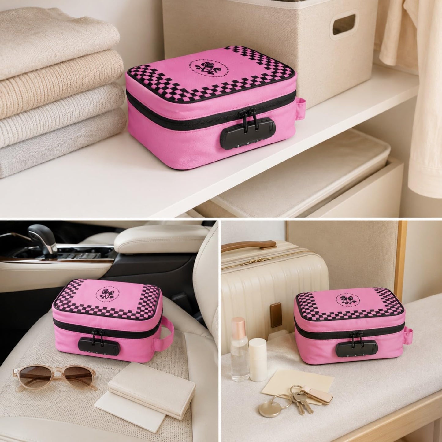ANZOME Large Smell Proof Bag with Lock, Pink Lockable Storage Case, Activated Charcoal Odor Control, Waterproof Zipper Travel Organizer Pouch, Stash Box Alternative with 7 Accessories for Home & Trips
