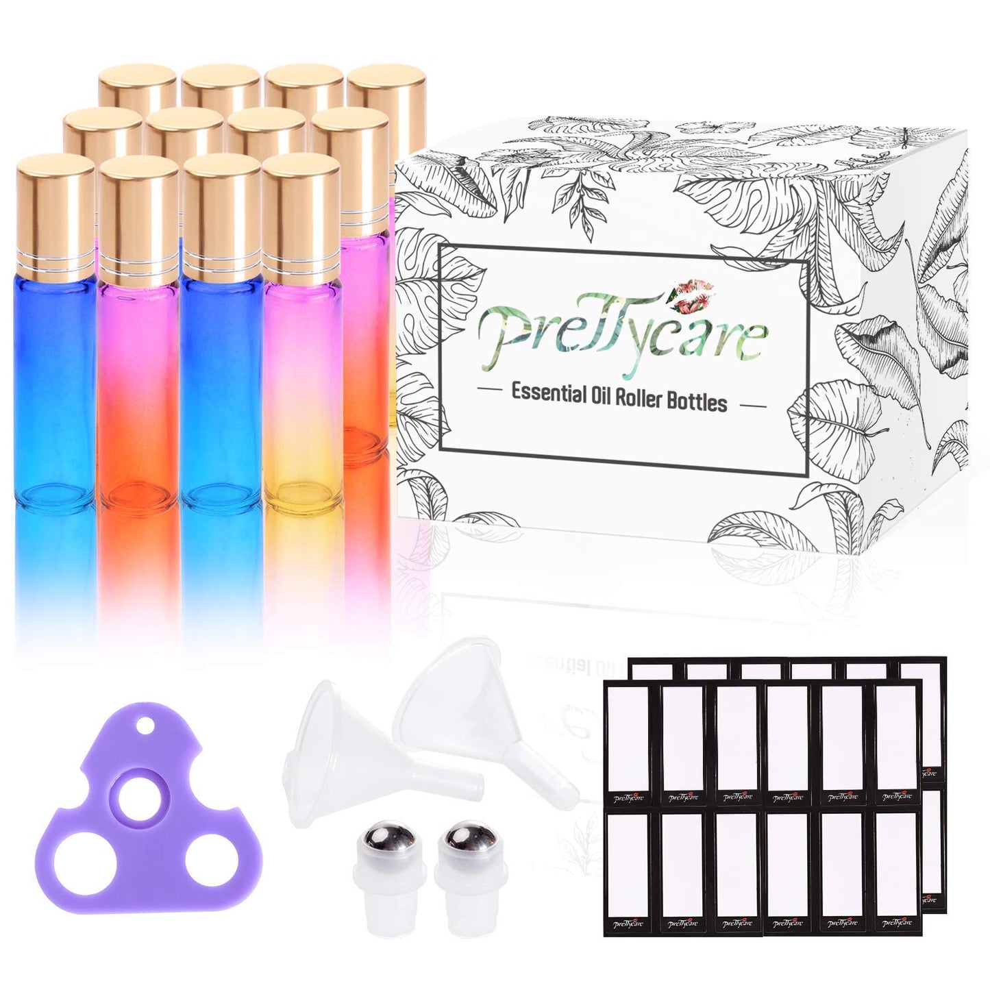 PrettyCare 60 Pack, 10 ml Essential Oil Roller Bottles with Stainless Steel Roller Ball - Bulk Refillable Leak-proof Empty Thick Rainbow Glass Roll on Bottles with Metal Caps for Travel, Perfume