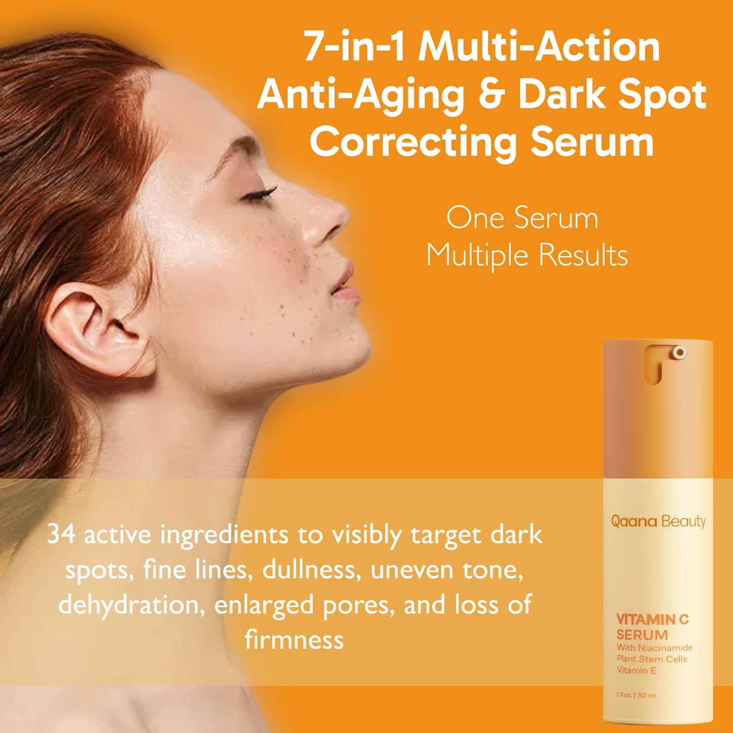 Qaana Super Vitamin C Face Serum for Mature Skin: 7-in-One Hydrating Anti-Aging Formula with Vitamin C, Hyaluronic Acid, Caffeine-Firming, Lifting, Targets Wrinkles, Dark Spots 1 fl oz
