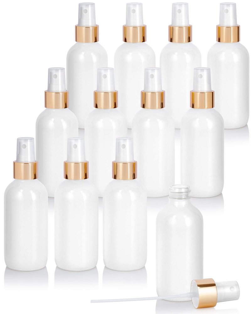 JUVITUS 4 oz / 120 ml High Shine Gloss White Glass Boston Round Bottle with Gold Fine Mist Spray (12 pack)