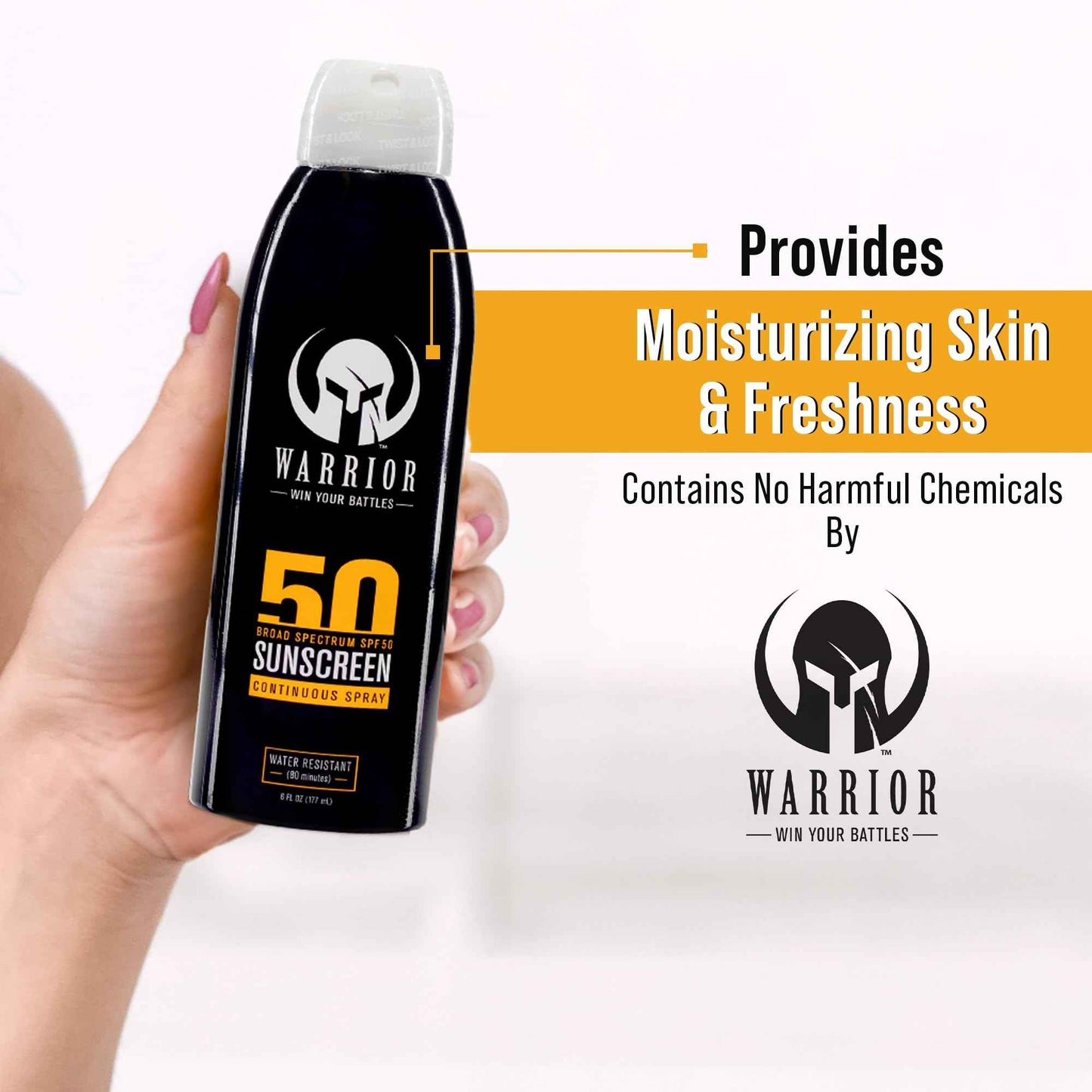 Warrior Sunscreen SPF 50 Continuous Spray - Water & Sweat Resistant Sunscreen Spray - Broad Spectrum Protection for UVA/UVB - Quick Dry Effective Formula, Field Tested – 6 Oz