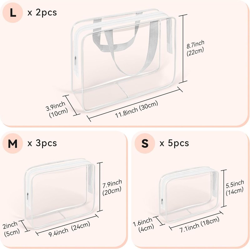 Clear Travel Makeup Toiletry Bag - 10 PCS TSA Approved PVC Organizer Kit | White Zipper Handbag