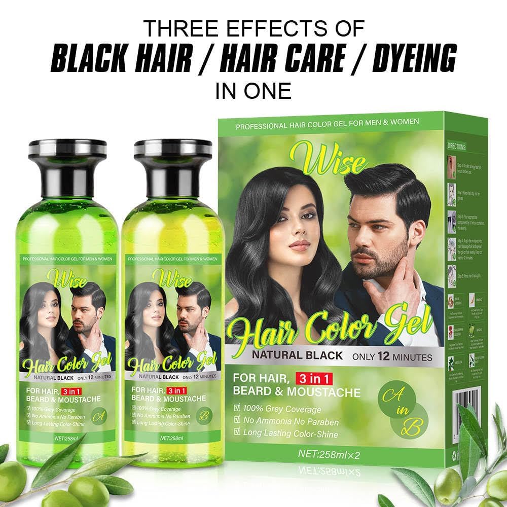 Natural Hair Color Gel - 3 in 1 Semi-Permanent Black Dye for Gray Coverage | Plant-Based with Olive Extract, 500ml x 2