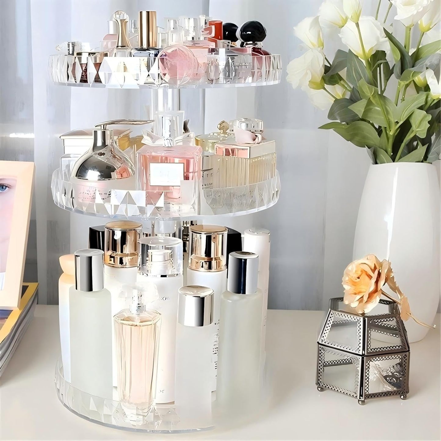 Diamond Pattern Perfume Organizer - 360° Rotating Acrylic Cosmetic Storage Box | Desktop Skincare Dresser