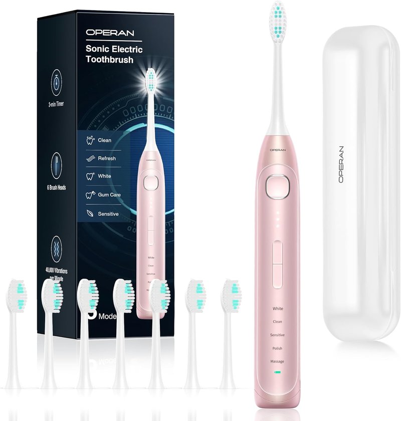 Operan Electric Toothbrush - Rechargeable Sonic Toothbrush with 5 Modes & 2-Min Smart Timer | IPX7 Waterproof, 40,000 VPM, 8 Brush Heads, Pink