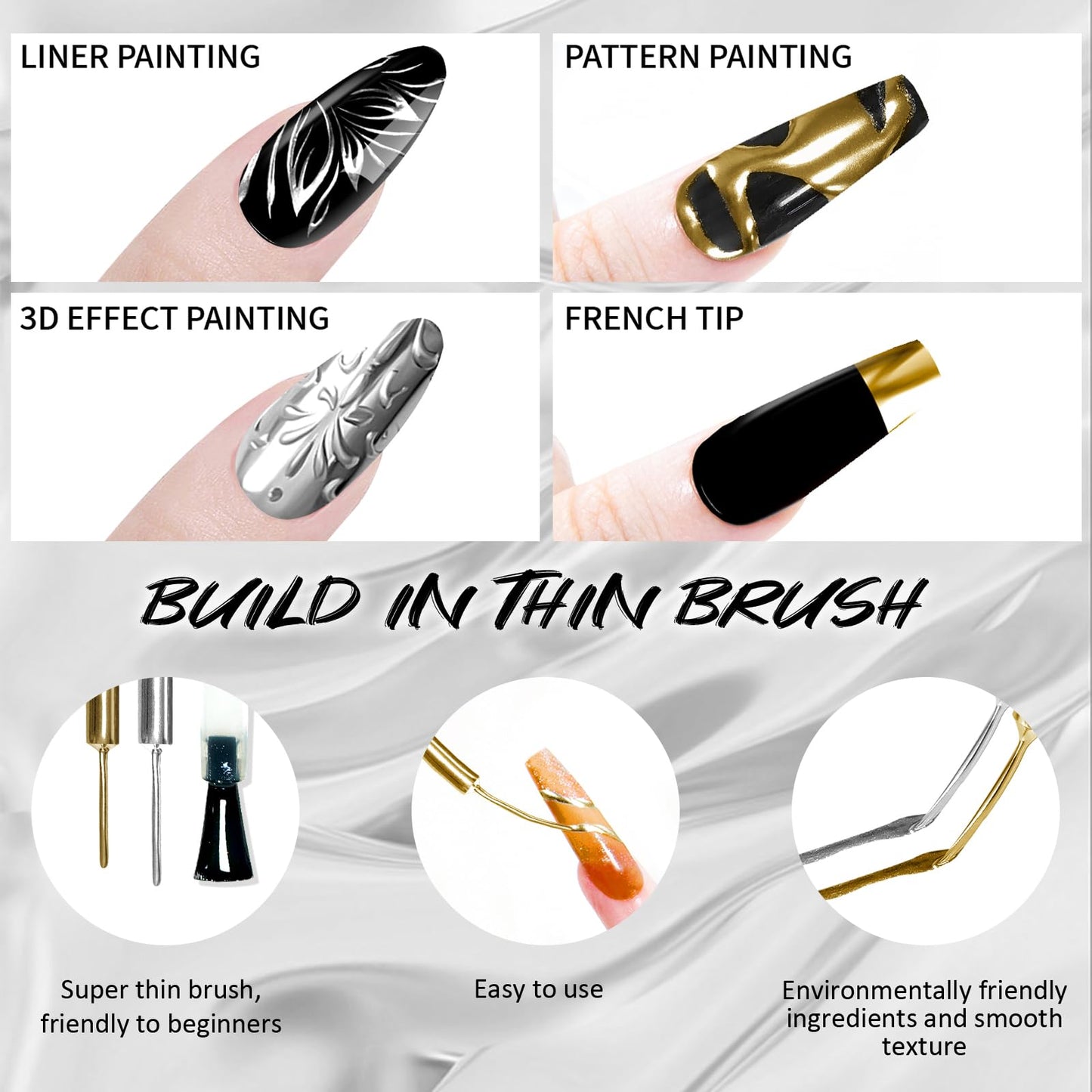 U-Shinein 2x12ml Metallic Mirror Nail Polish, Ultra Mirror Silver & Gold Metal Painted Drawing with Thin Brush, Chrome Gel Polish Nail Art Gel Liner Soak Off DIY