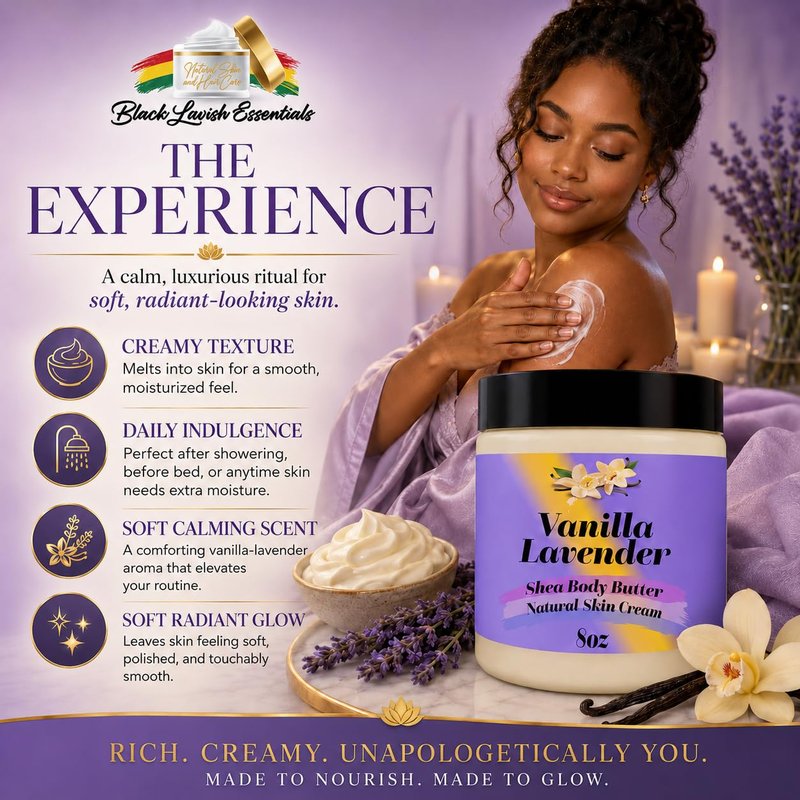 Ultra Soft Shea Body Butter Cream, Natural Hydrating Body Cream with Cocoa Butter, Mango Butter, Aloe Vera, Argan, Rosehip Oil, Moisturized Skin, Suits All Types (Vanilla Lavender, 8oz)