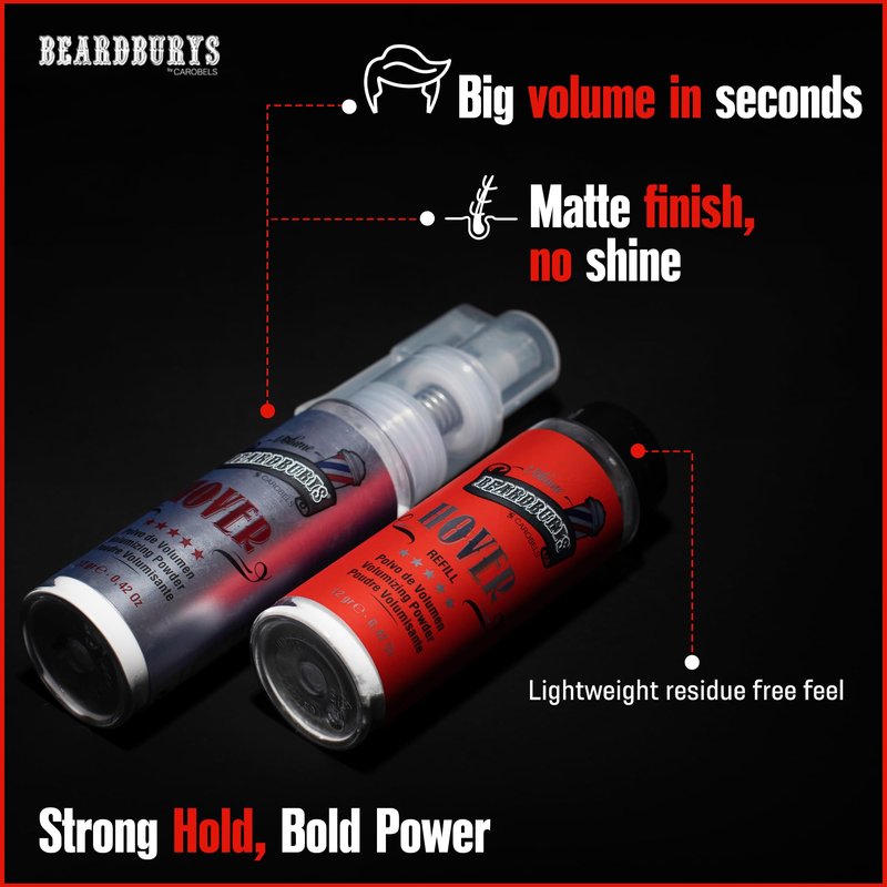Beardburys Hover Hair Styling Powder for Men Matte Texture Powder, Root Lift & Volume, Fine Hair, No Shine, Flexible Hold, Barber-Quality styling 12g + 2 Refills