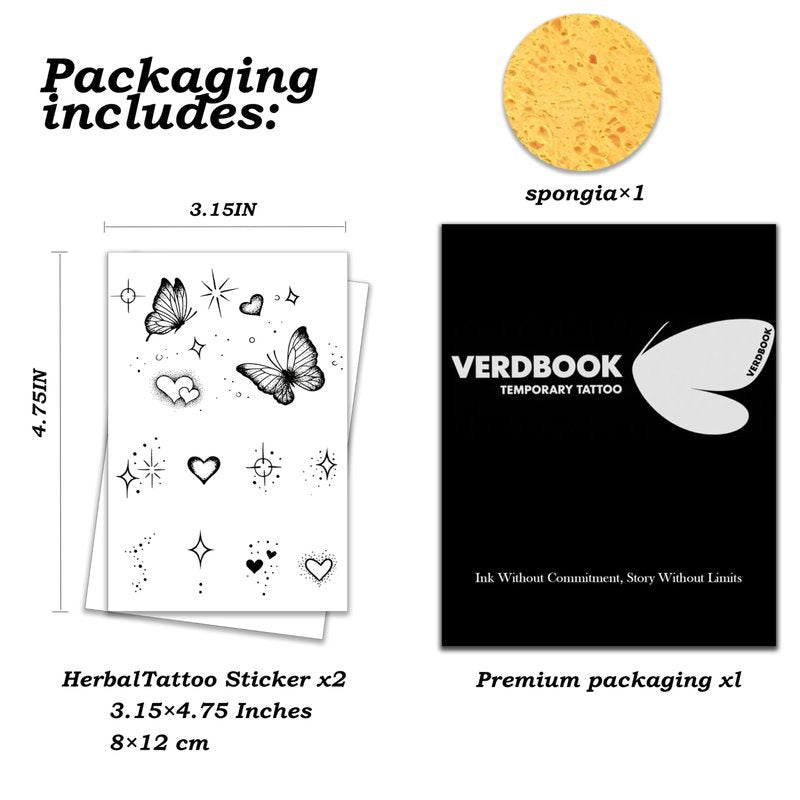 VERDBOOK Waterproof Temporary Tattoos: 2-Sheet Tattoo Kit with Realistic Body Stickers, Semi-Permanent Tattoos for Adults Lasting 7-15 Days – Safe for Men & Women, Butterfly & Heart Pattern