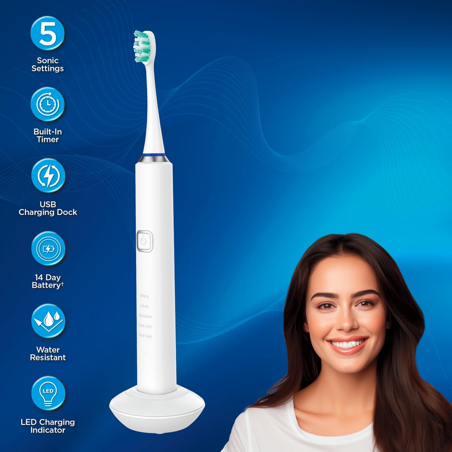 Miracle Smile Sonic Toothbrush, 40,000 VPM Electric Toothbrush with 5 Cleaning Modes, Includes 6 Brush Heads, USB Dock & Travel Case, Cordless, Water Resistant Rechargeable Toothbrush