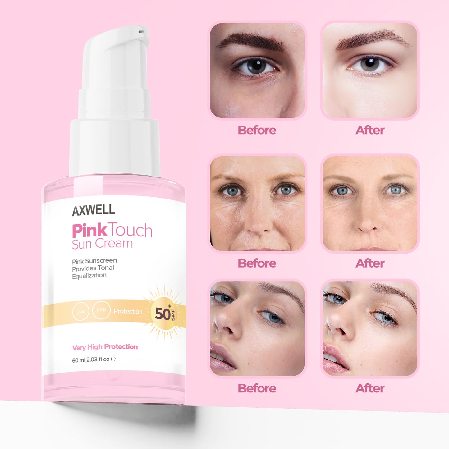 AXWELL Pink Touch Tone Evening Pink Sunscreen, SPF 50+ Daily Sunscreen, Water Resistant, UVA/UVB Very High Protection(60 ml, 2.03 fl.oz)