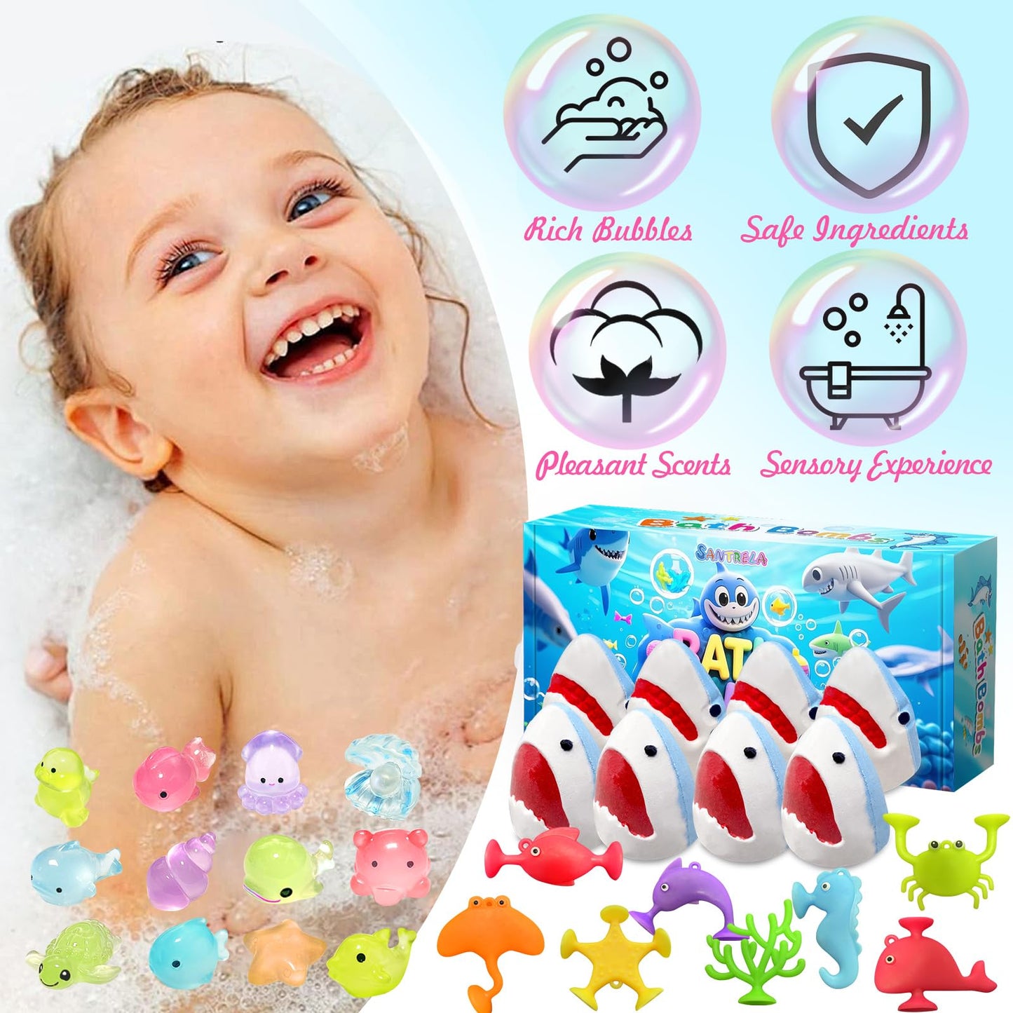Shark Bath Bombs for Kids with Surprise Inside, 8 Pack Kids Bath Bombs, Easter Valentines Day Gift for Boys Girls, Bubble Fizzy Bath Ball with Sea Aninmals & 4 Suction Cup Toys, Easter Basket Stuffers