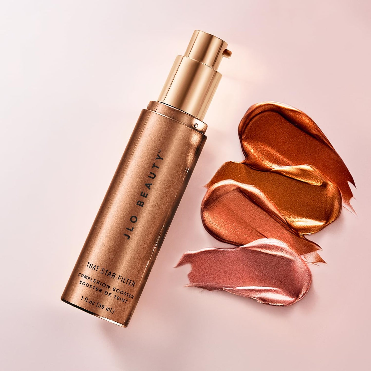 JLO BEAUTY Makeup Highlighter & Bronzer for Face & Body, Liquid Complexion Booster, Illuminating Primer Glow Drops with Vitamin E, Sheer Dewy Skin Tint, That Star Filter, Pink Champagne, 1 Fl Oz