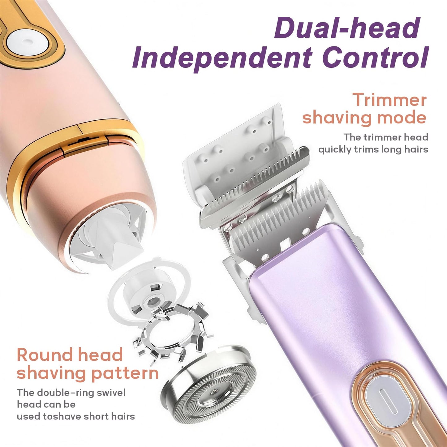 Bikini Trimmer for Women, 2-in-1 Waterproof & Cordless Dual Head Electric Razors, Painless Electric Shaver for Women, Wet/Dry Lady Shaver for Bikini Line, Face, Underarm & Legs,Purple