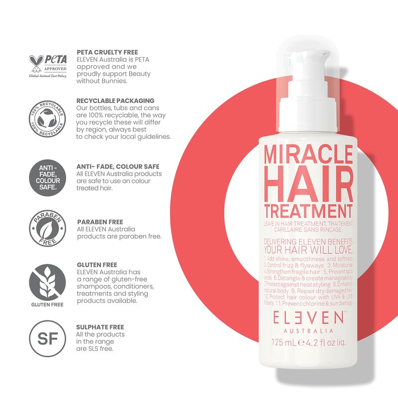 ELEVEN AUSTRALIA Leave-In Conditioner - Miracle Hair Treatment for Dry, Damaged Hair, Heat & UV Protection, Salon-Quality Lightweight Detangler, Frizz Control for All Hair Types - 4.2 fl oz