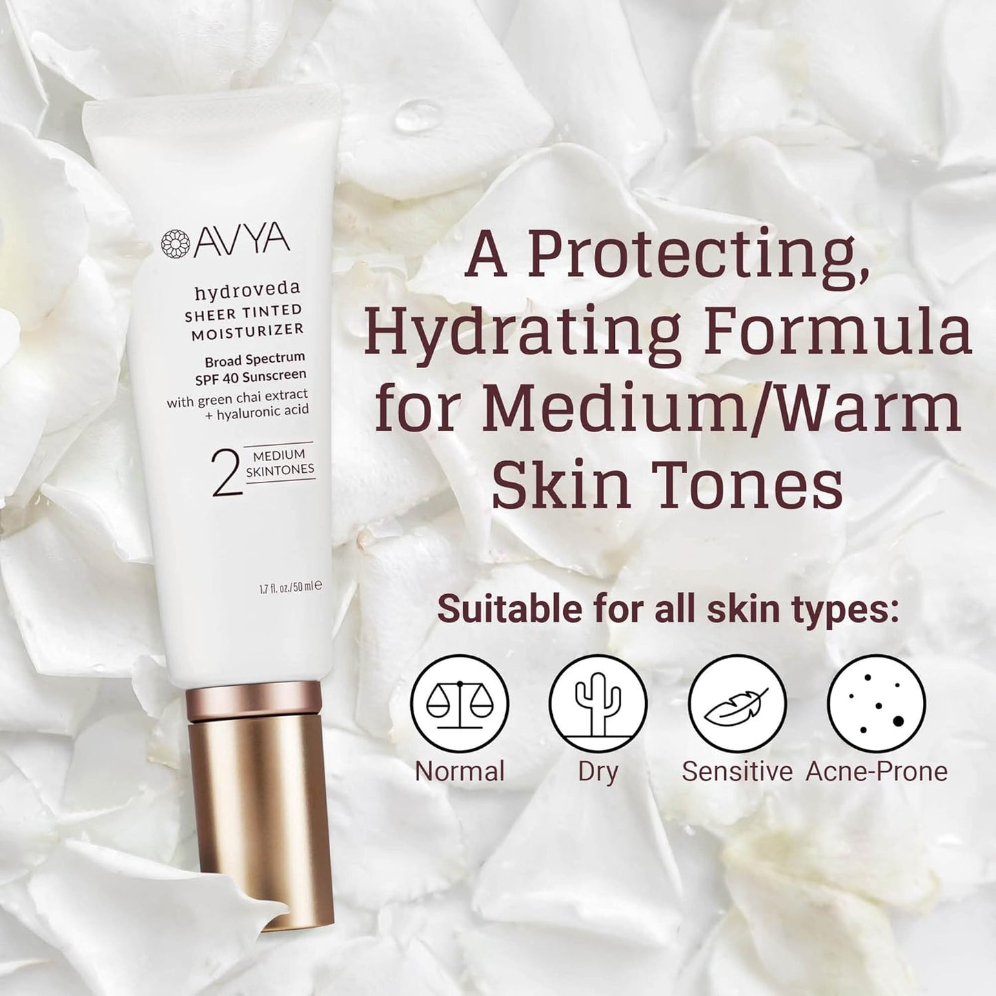 AVYA Sheer Tinted Moisturizer SPF 40 with Hyaluronic Acid - Ayurvedic Skincare for Balanced, Brighter Skin | Medium Shade #2 (1.7oz/50ml)