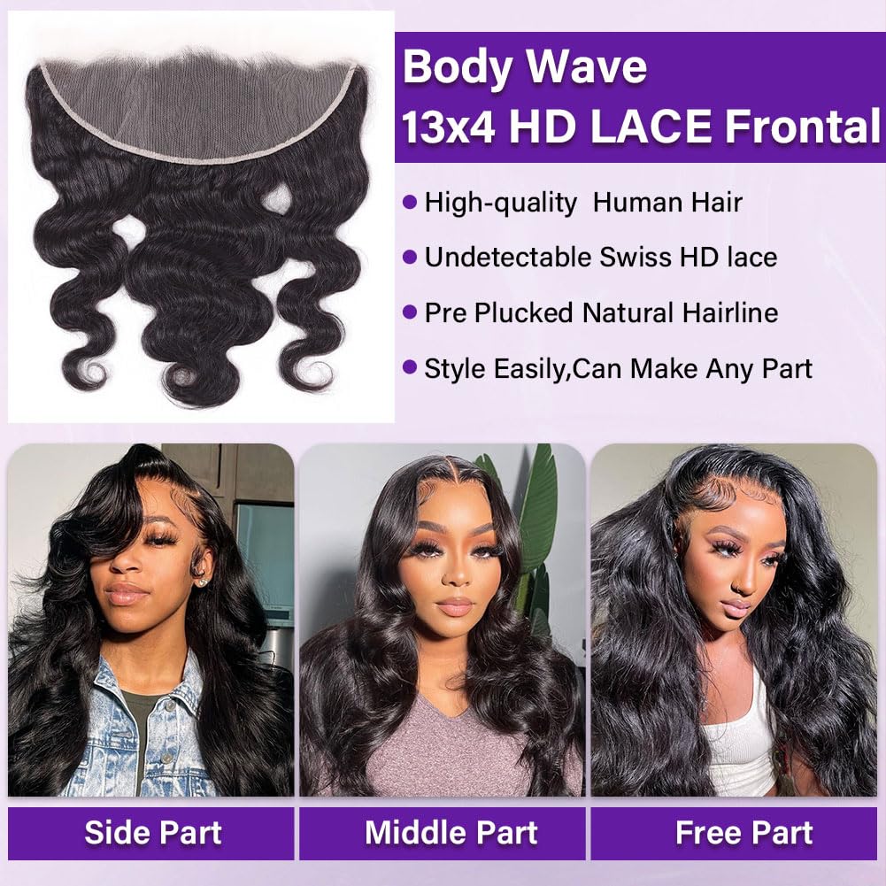 Body Wave HD Lace Frontal - 16 Inch 13x4 Transparent Closure | 100% Brazilian Virgin Hair, Pre-Plucked, Natural Black