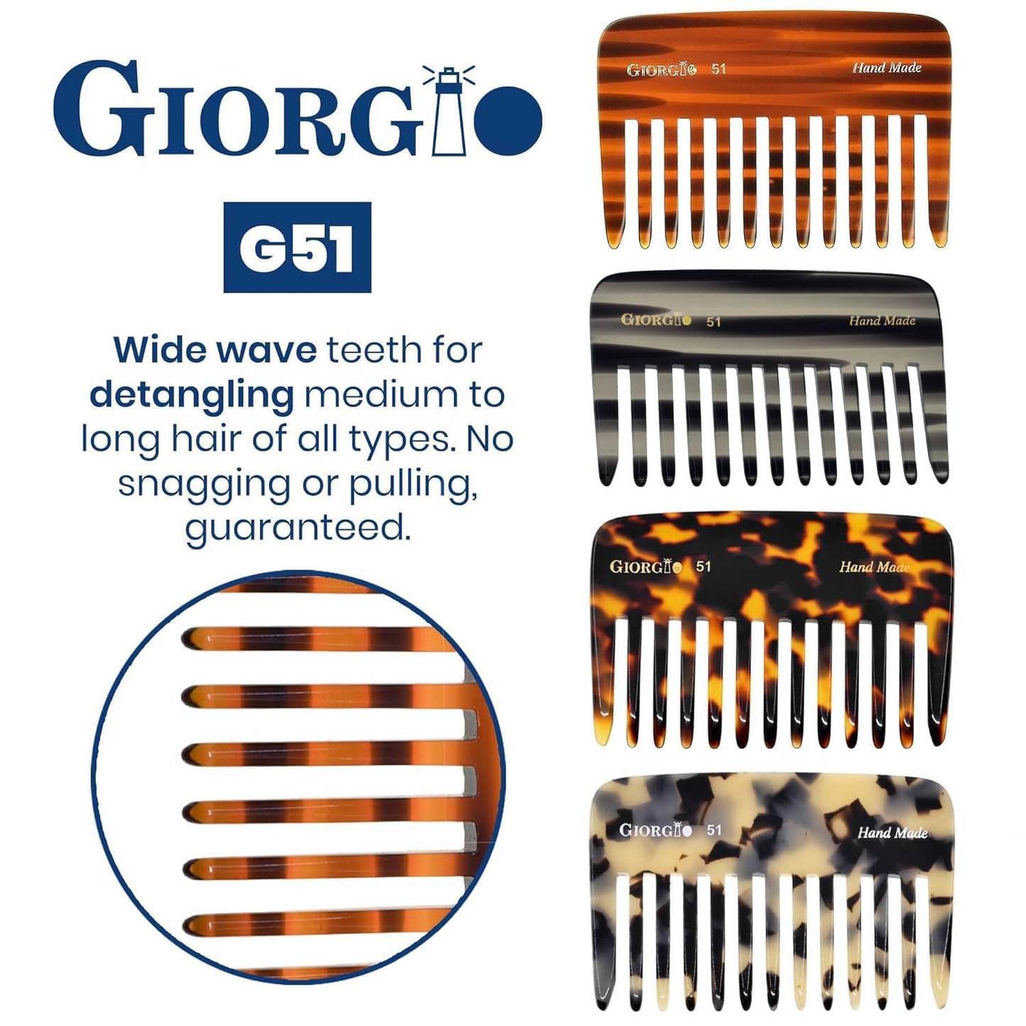 Giorgio G51 Graphite Small Travel Purse Detangling Comb - Wide Teeth Pocket Comb for Thick, Curly and Wavy Hair, Wet or Dry Use, Handmade of Cellulose, Saw-Cut, Hand Polished