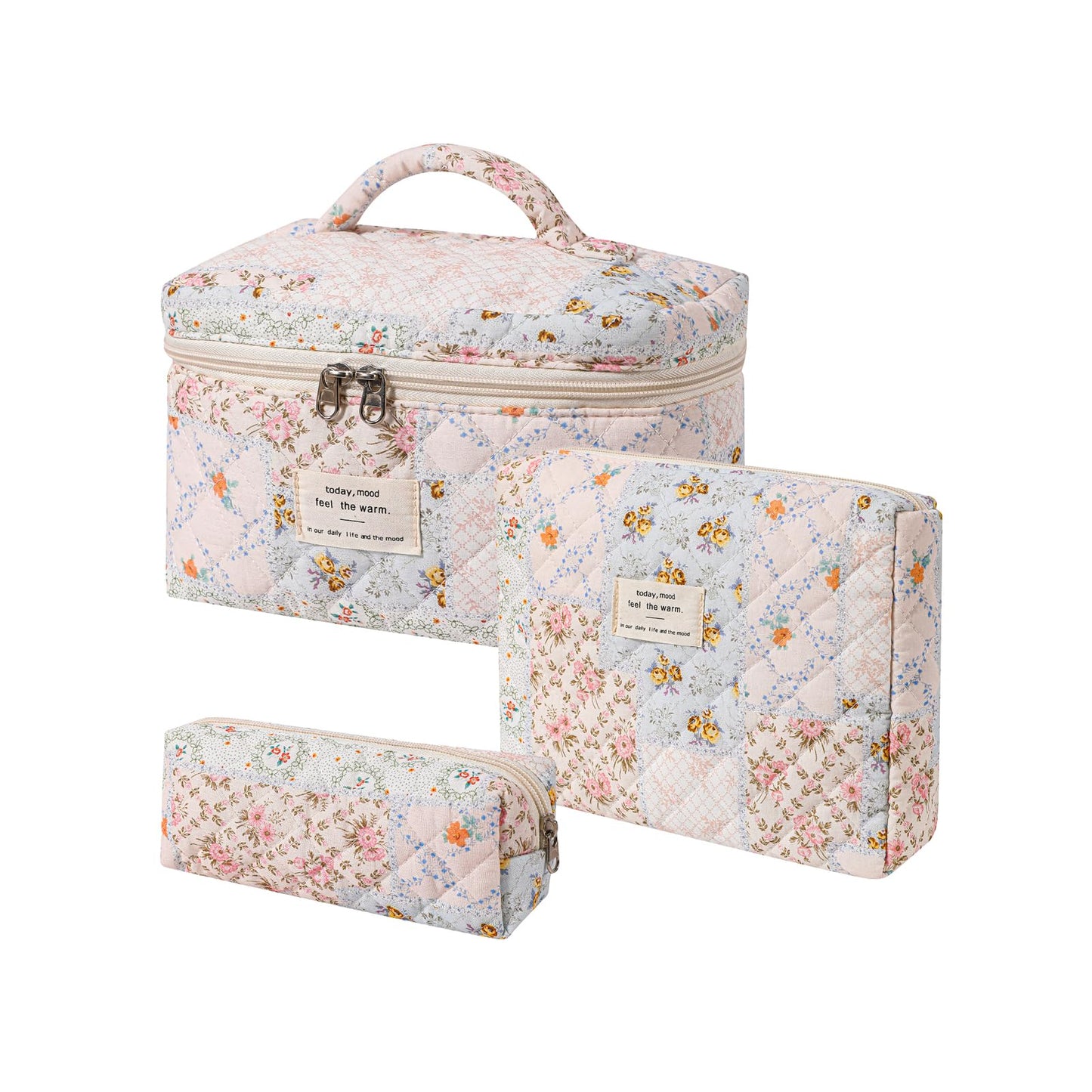 uekeboag 3Pcs Quilted Cotton Makeup Bag,Coquette Quilted Toiletry Bag for Women and Girls,Floral Coquette Pouch,Cute Kawaii Travel Cosmetic Bags(3Pcs pink flower)