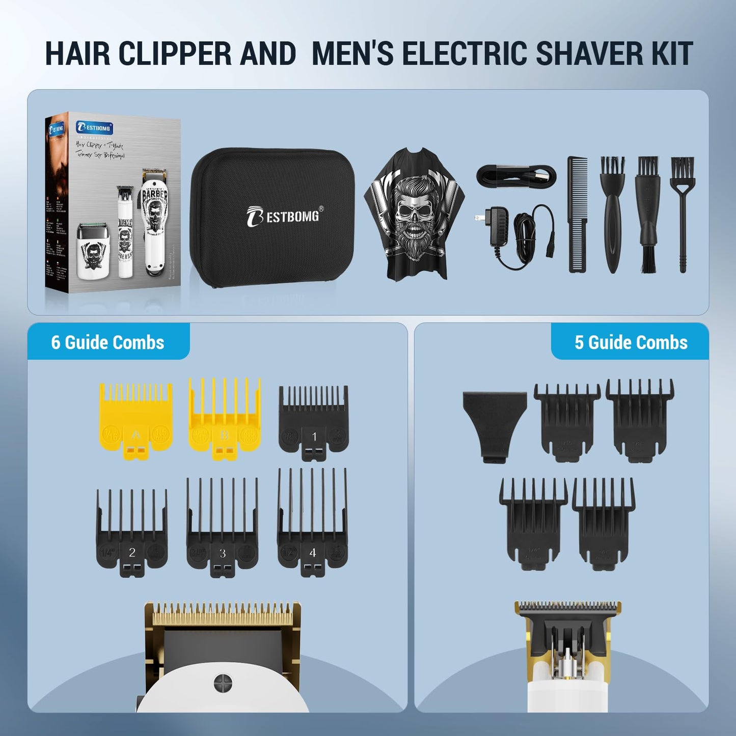 BESTBOMG® Hair Clippers for Men Professional, Hair Clipper, Beard Trimmer & Electric Shaver Kit, Zero-Gapped T-Blade Barber Grooming Kit, LED Display, Rechargeable, Gifts for Men