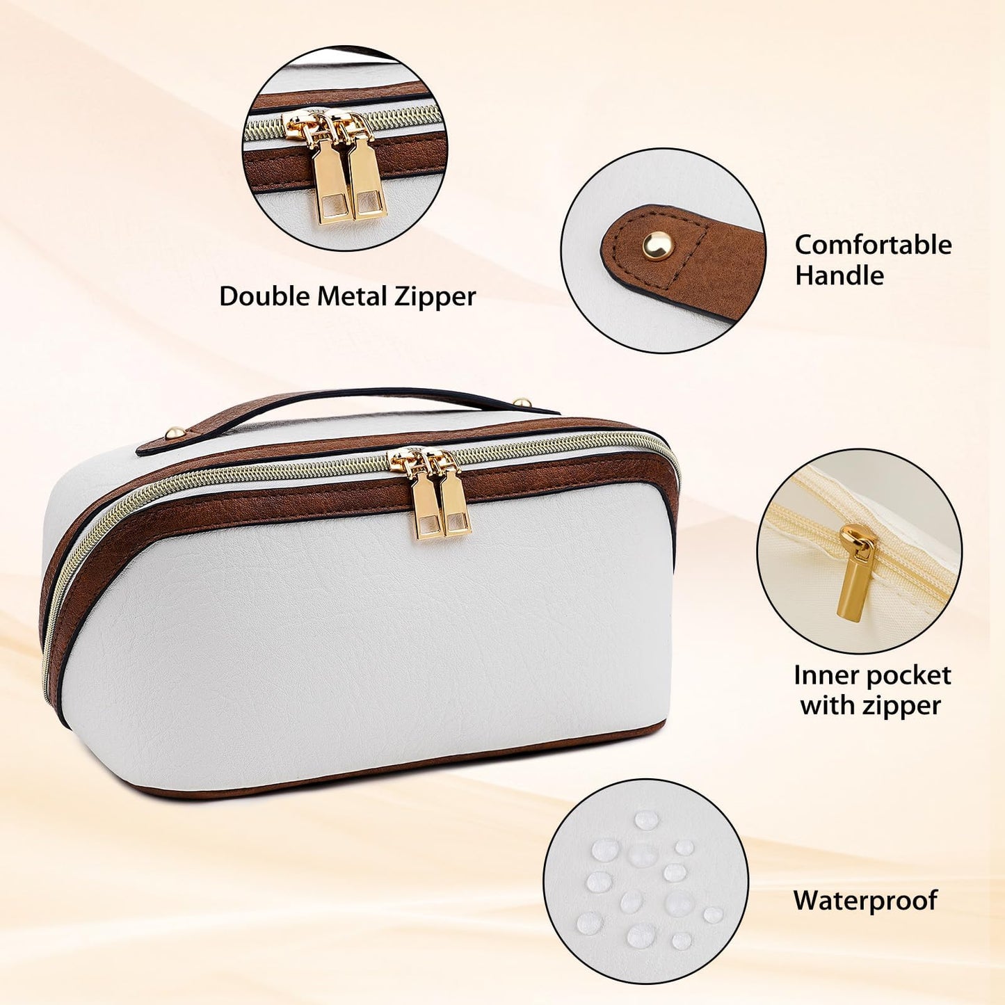 Sprfragrance Stylish Makeup Bag Organizer Travel Case for Women Cosmetic Bag for Toiletries and Makeup Waterproof Leather Cosmetic Bag Perfect Fit Home or on the Go (B-White/Brown)