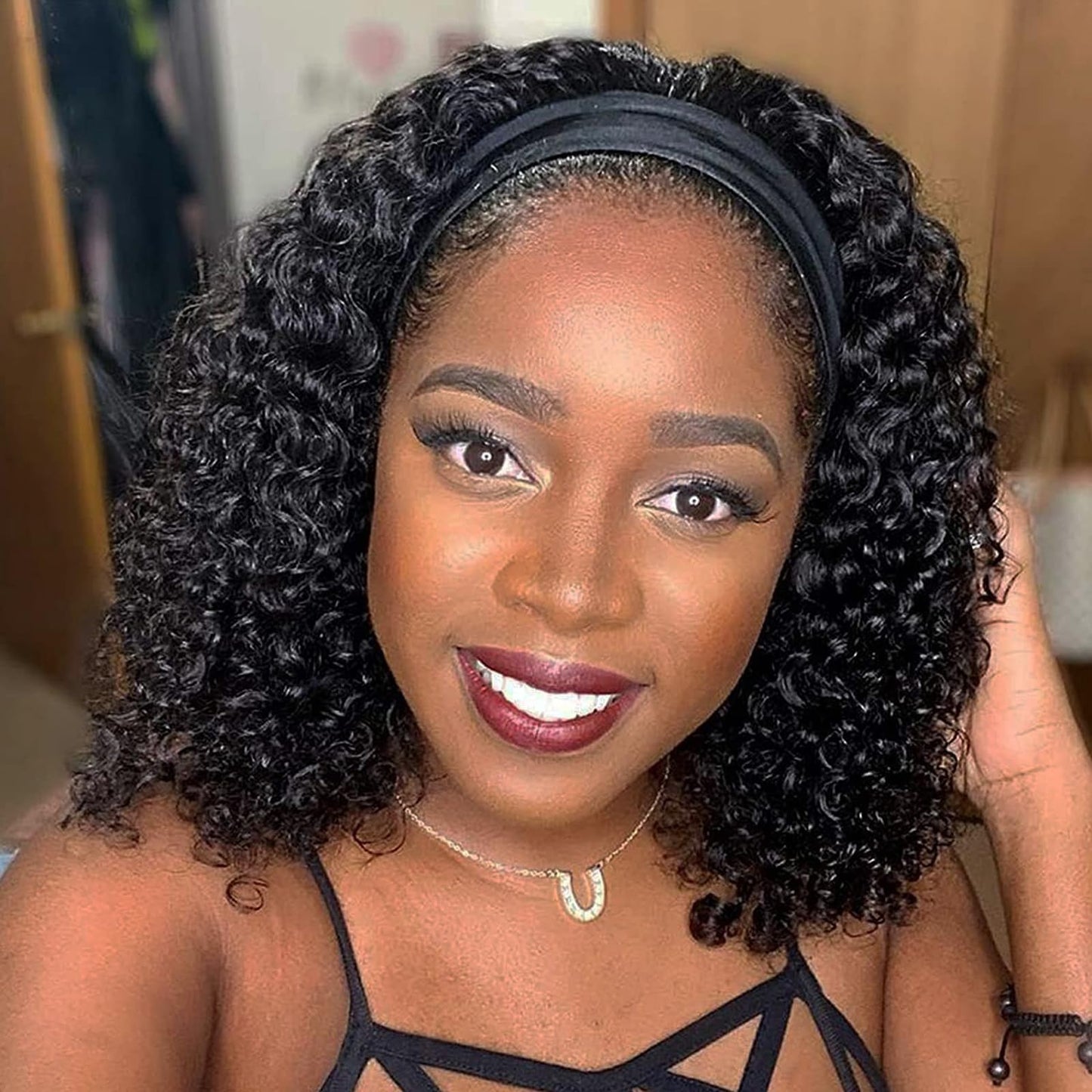 Punmasa Headband Wig Human Hair Deep Wave 12 Inches None Lace Front Wig Human Hair Machine Made Wigs 150% Density Headband Curly Human Hair Wigs for Women Natural Color Half wig