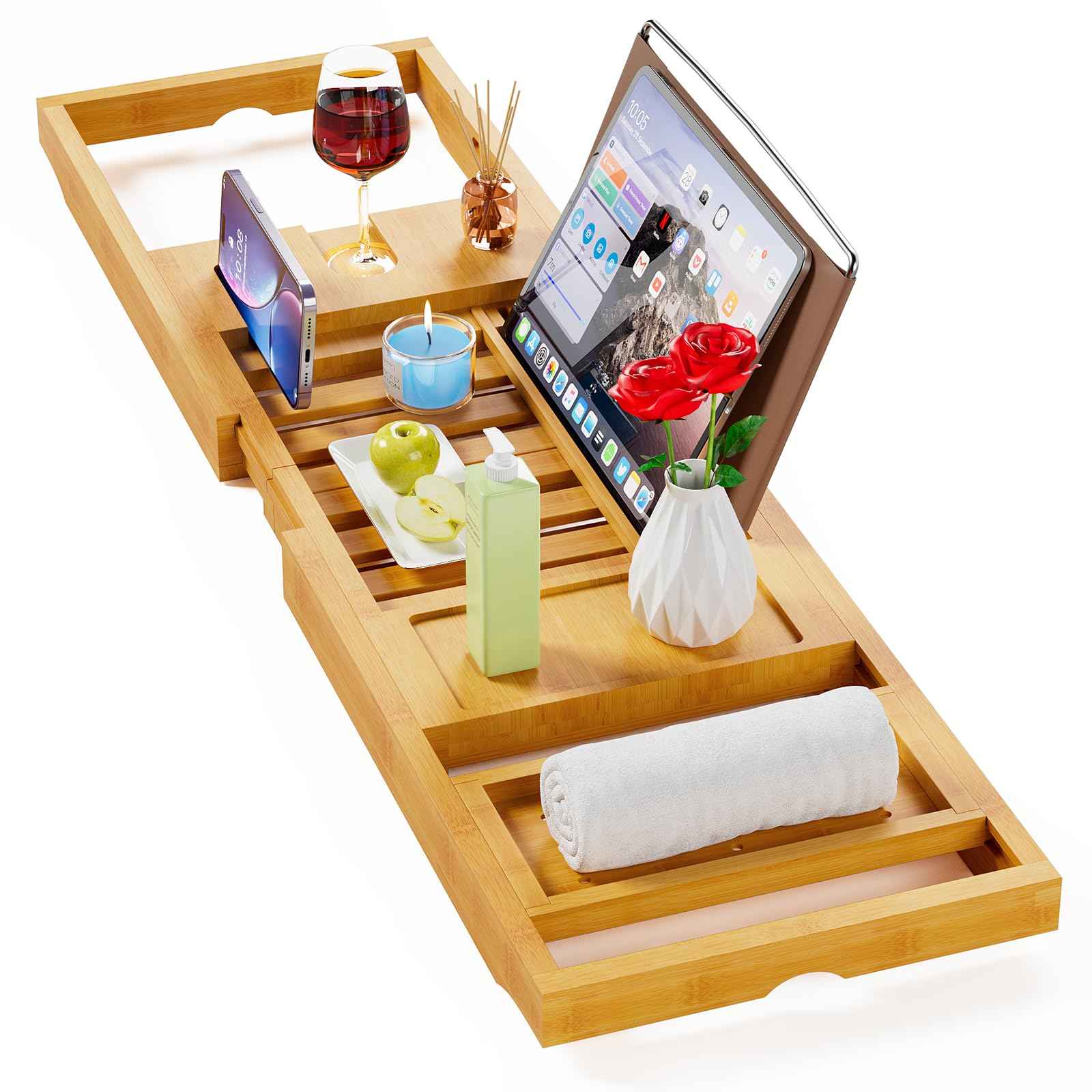 Yirilan Bathtub Tray Caddy, Expandable Wooden Bathroom, Luxury Bamboo Bathtub Tray, Bath Tub Table Caddy, Bamboo